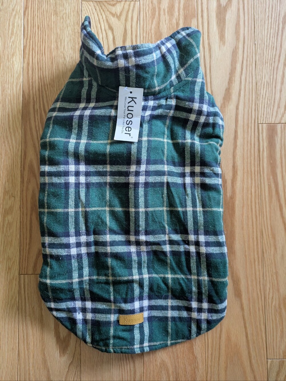 Kuoser Dog Coat Reversible Green Plaid Flannel/Black Quilted Thermal, XL, 30-lb